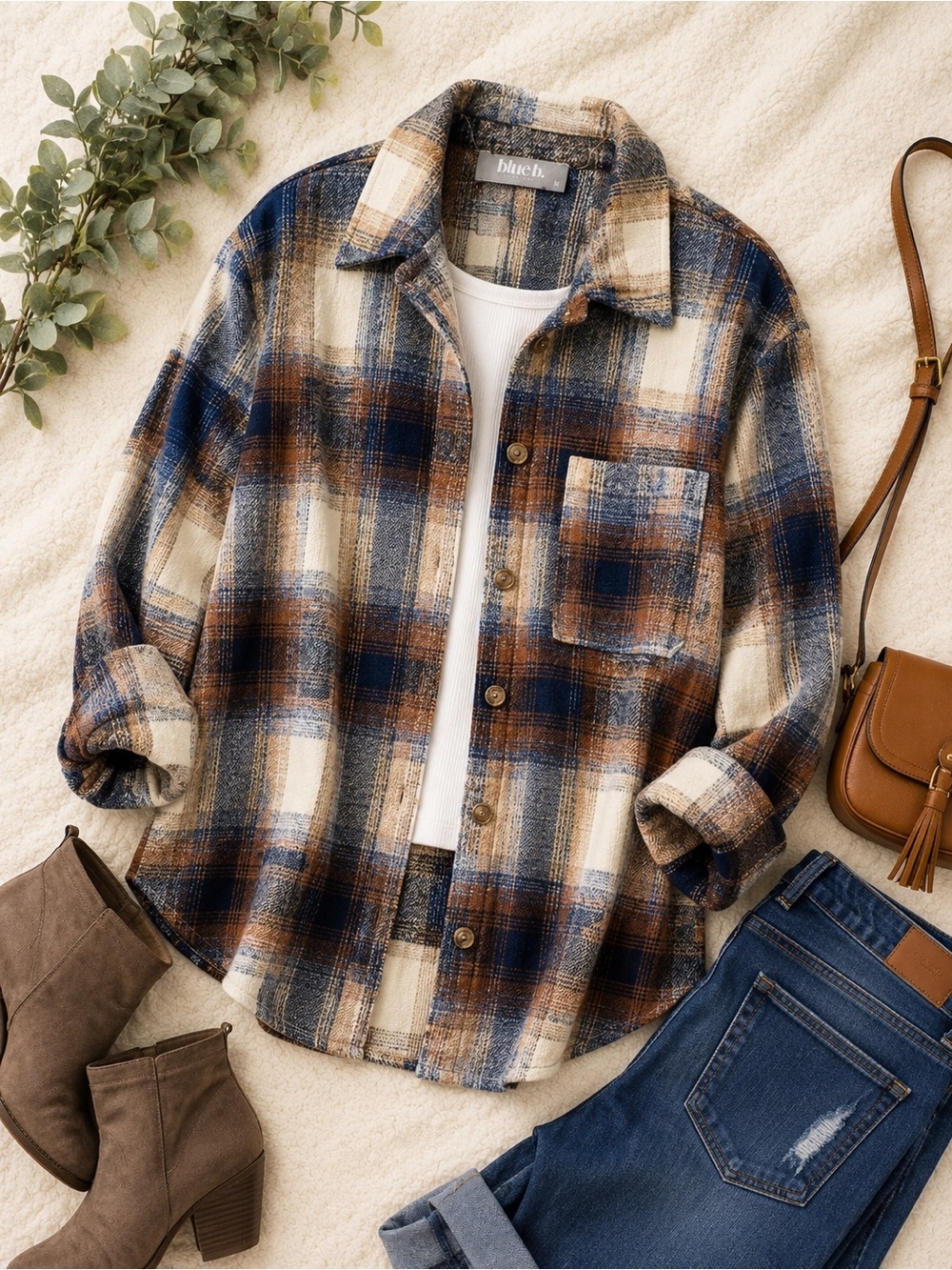 Blue B. Plaid Shacket Women’s Medium Blue Brown Oversized Button Front Jacket